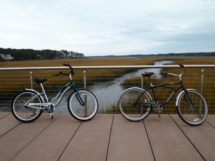 crossing the marsh on our bicycles